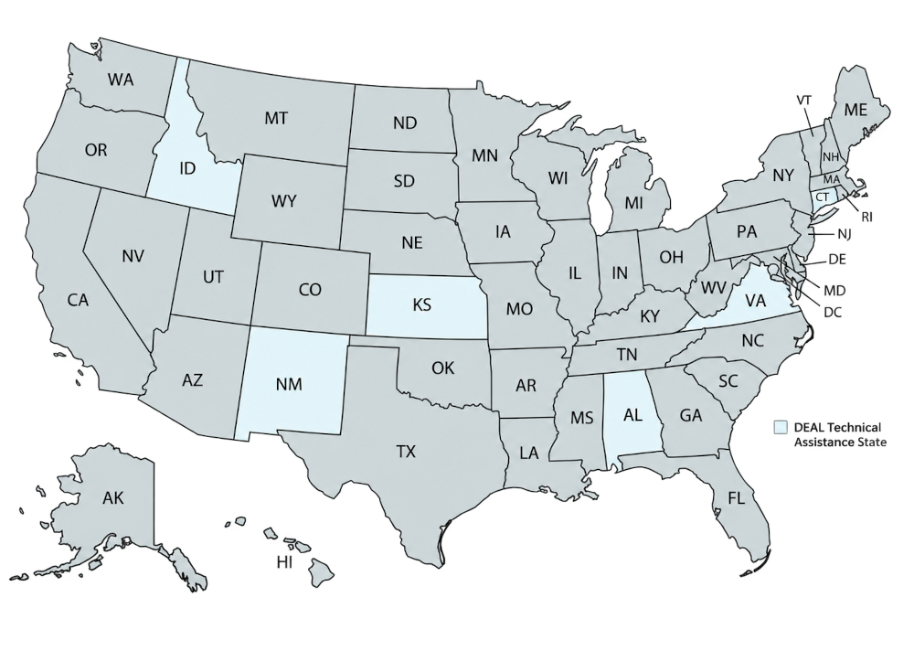 Map of the United States highlighting Alabama, Connecticut, Idaho, Kansas, New Mexico, and Virginia with label; DEAL Technical Assistance State